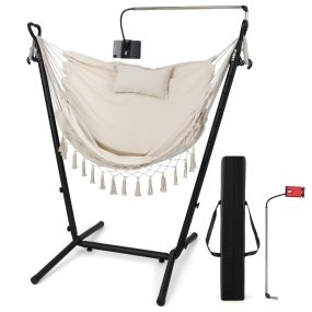 Silla Hamaca con Soporte Altura Ajustale de 6 Niveles Carga 250kg Hamaca Portátil Jardín Exterior con Armazón Porta Teléfono Almohada Beige