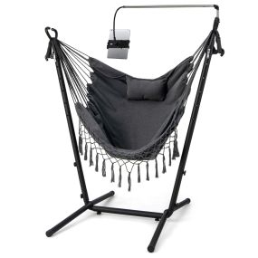 Silla Hamaca con Soporte Altura Ajustale de 6 Niveles Carga 250kg Hamaca Portátil Jardín Exterior con Armazón Porta Teléfono Almohada Gris