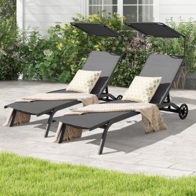 Juego de 2 Tumbonas Reclinables con 6 Niveles 2 Ruedas Toldo Ajustable Portavasos 150kg para Playa Terraza Piscina 191x61x96cm Gris