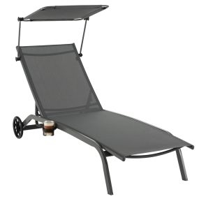 Tumbona Jardín Silla Reclinable 6 Niveles 2 Ruedas Toldo Ajustable Portavasos Carga 150kg Playa Terraza Balcón Piscina 191 x 61 x 96 cm Gris