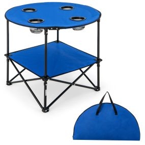 Mesa de camping plegable de 2 niveles con bolsa de transporte y 4 soportes para vasos azul impermeable