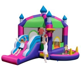 5 en 1 Castillo Hinchable Grande sin Soplador para Niños 3-10 Años con Tobogán y Techo Solar para Interior y Exterior 378 x 469 x 250 cm
