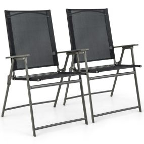 Juego de 2 Sillas Plegables de Patio Silla de Comedor de Respaldo Alto Tela Resistente Silla Metálica Portátil para Exterior Jardín Negro