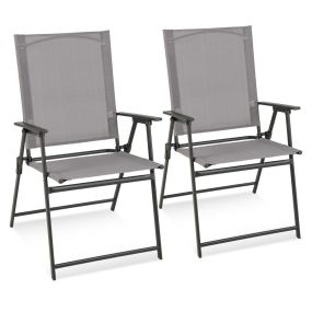 2 Sillas Plegables de Patio Sillas de Comedor de Respaldo Alto Tela Resistente Sillas Metálicas Portátiles para Exterior Jardín Piscina Gris