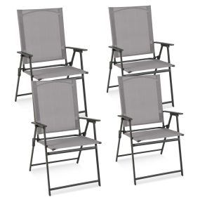4 Sillas Plegables de Patio Sillas de Comedor de Respaldo Alto Tela Resistente Sillas Metálicas Portátiles para Exterior Jardín Piscina Gris
