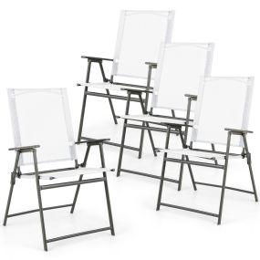 Juego de 4 Sillas Plegables de Patio Silla de Comedor de Respaldo Alto Tela Resistente Silla Metálica Portátil para Exterior Jardín Blanco