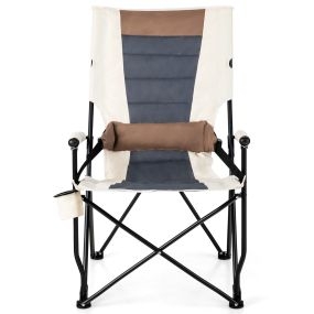 Silla Plegable para Camping Silla Acolchada para Jardín con Portavasos Reposabrazos Cojín Lumbar Marco de Metal Carga 150 kg Marrón