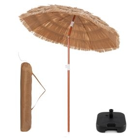 Set de sombrilla de paja 175 cm con inclinación 40°, altura ajustable y base rellenable 27 kg para jardín y playa