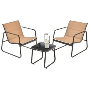Conjunto de Sillas y Mesa de Metal al Aire Libre con Tela Transpirable y Encimera de Vidrio Marrón