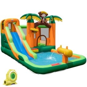 Castillo hinchable 7 en 1 para niños con tobogán, piscina, aro y pistola de agua, soplador 680W