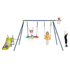 Juego de Columpio de Metal Resistente con Tobogán y Columpio de Disco Ajustable 350 x 151 x 171 cm Multicolo
