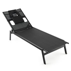 Tumbona Jardín Exterior Respaldo Ajustable de 5 Posiciones con Agujero para Cara y Almohadas para Cabeza para Playa Patio Terraza Negro