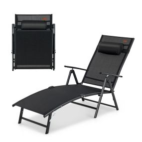 Tumbona Plegable Silla Reclinable de Patio Portátil Respaldo Ajustable en 7 Posiciones Carga 150 kg para Piscina Playa Balcón Negro