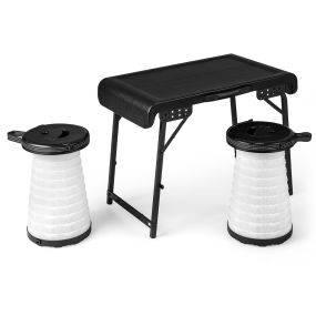 Conjunto de mesa plegable de camping con 2 taburetes telescópicos portátiles con LED negro