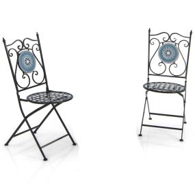 Juego de Bistró Mesa Redonda y 2 Sillas Plegables con Patrón de Mosaico Marco de Metal Resistente para Interiores y Exteriores-Silla-Azul