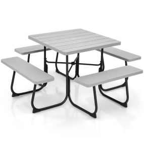 Juego de Muebles para 8 Personas Circular con 4 Bancos Mesa con Orificio para Sombrilla Carga 225 kg para Jardín Patio Césped Gris