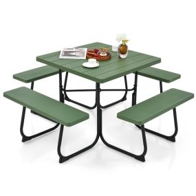 Juego de mesa de picnic cuadrada para 8 personas con 4 bancos y orificio para sombrilla, metal y HDPE verde