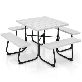 Juego de Muebles para 8 Personas Circular con 4 Bancos Mesa con Orificio para Sombrilla Carga 225 kg para Jardín Patio Césped Blanco