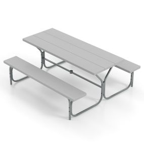 Juego de 2 Bancos de Mesa para 8 Personas con Marco de Metal Mesa de HDPE para Todo Clima Orificio para Sombrilla para Jardín Gris