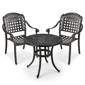Set de 2 Sillas de Aluminio Fundido Apilables con Apoyabrazos y Mesa Auxiliar Redonda para Exterior Jardín Terraza Bronce