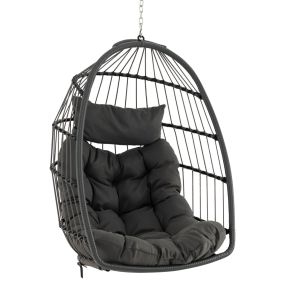 Silla Colgante de Huevo con Almohada para Cabeza Cojín de Asiento Cesta de Mimbre Diseño Plegable Carga 150 kg 77,5 x 74 x 105 cm Gris