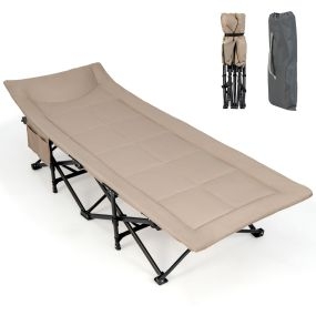 Catre plegable de camping portátil con cojín, reposacabezas, bolsillo y bolsa, caqui, 200 kg, 188 x 68,5 x 48,5 cm