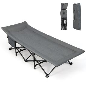 Catre plegable de camping portátil con cojín, reposacabezas, bolsillo y bolsa, 200 kg, gris