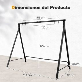 Marco de Columpio para Porche Jardín Soporte de Columpio de Metal con Estructura en Forma de A 5 Anillos para Colgar Resistente Negro