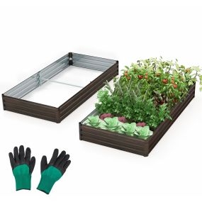 Cantero de jardín elevado de metal 240 x 120 x 30 cm café con base abierta y soporte reforzado