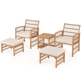 Conjunto de jardín exterior de 5 piezas de ratán PE con cojines y mesa de centro de 2 niveles natural