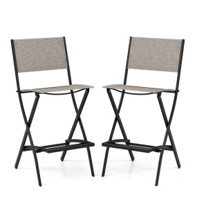 Juego de 2 Sillas Altas Plegable con Estructura de Metal y Reposapiés para Balcón Jardín y Piscina Carga 150 kg 46 x 57 x 102 cm Café
