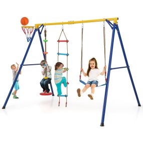 Juego de columpios 4 en 1 con aro de baloncesto, cinturón ajustable, escalera, disco y cuerda, 300 kg, amarillo