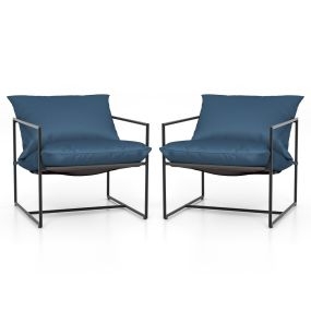Juego de 2 Sillón con Cabestrillo Cojines de Asiento Respaldo Tela de Asiento y Estructura de Metal para Balcón 71 x 71 x 61 cm Azul