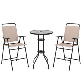 Juego de 3 Piezas de Mesa y 2 Sillas Terraza Conjunto Mesa de Vidrio Templado y Sillas Plegables para Jardín Balcón y Exterior Beige