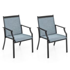 Juego de 2 Sillas de Comedor para Patio Porche con Asiento Transpirable Estructura de Metal Respaldo Alto y Apoyabrazos Ergonómicos Azul