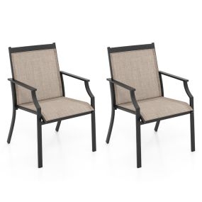 Juego de 2 Sillas de Comedor para Patio Porche con Asiento Transpirable Estructura de Metal Respaldo Alto y Apoyabrazos Ergonómicos Café