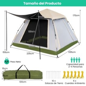 Tienda emergente instantánea 2-4 personas impermeable desmontable para camping beige verde gris