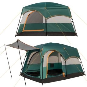 Tienda de campaña para 6 personas, 2 habitaciones, toldo para lluvia, lona PE, ventanas de malla, verde, portátil, con bolsa de transporte