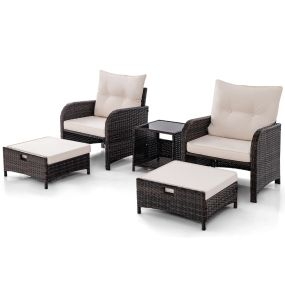 Juego de sofá de ratán de 5 piezas con 2 sillas 2 otomanas y mesa de centro de vidrio templado beige