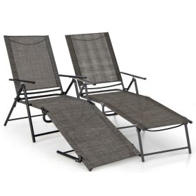 Juego de 2 Sillones Plegables con Respaldo de 6 Niveles Tela de Asiento Transpirable Marco de Metal para Patio 189 x 64 x 102 cm Marrón