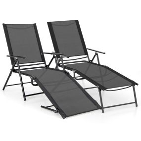 Juego de 2 Sillones Plegables con Respaldo de 6 Niveles Tela de Asiento Transpirable Marco de Metal para Patio 189 x 64 x 102 cm Negro