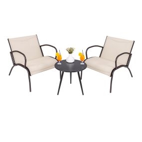 Conjunto de Sillas de Patio de 3 Piezas con Asiento de Tela Curvada y Mesa de Café Redonda para Patio Porche 81 x 63 x 73 cm Marrón Claro