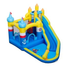 Tobogán Acuático Inflable Infantil con Piscina Cañón de Agua Rocódromo y Baloncesto Sin Soplador