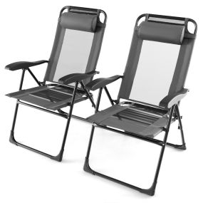 Juego de 2 Sillas Plegables para Patio Jardín con Reposabrazos Anchos Respaldo de 7 Niveles Asiento Transpirable y Marco de Metal Gris