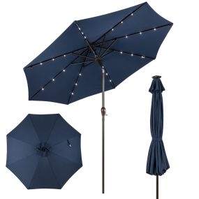Sombrilla de playa solar 3M plegable con 24 luces LED, inclinable, manivela, 8 costillas, azul marino
