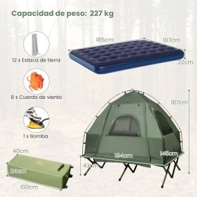 5 en 1 Tienda de Campaña para 2 Personas con Cama Plegable Colchón de Aire Almohada Saco de Dormir Tienda Iglú Impermeable 145 x 187 cm