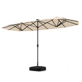 Sombrilla Doble Grande 400cm con Base Luz LED Solar Manivela 12 Varillas Ventilaciones Rectangular para Playa Patio Jardín Beige