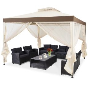 Glorieta Doble de Jardín Estructura de Acero y 4 Cortinas Laterales con Mosquitero para Patio Césped Veranda Beige 3 x 3 x 2,65 m