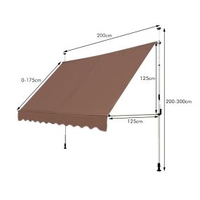 Toldo exterior ajustable 2-3 m 200 x 125 cm con manivela marrón para terraza jardín y balcón