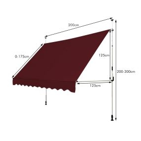 Toldo exterior para terraza 200 x 125 cm altura ajustable 2-3 m con manivela rojo vino